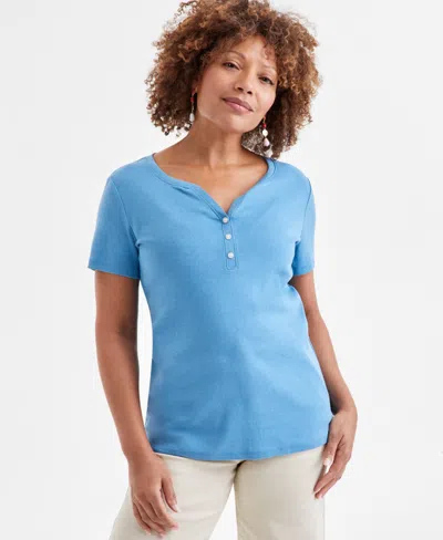 Style & Co Women's Short-sleeve Cotton Henley Top, Created For Macy's In Blue Spell