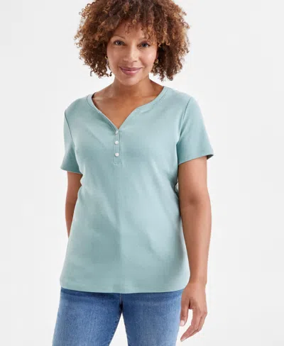 Style & Co Women's Short-sleeve Cotton Henley Top, Created For Macy's In Faded Sage