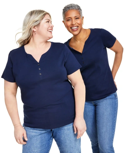Style & Co Women's Plus Short-sleeve Cotton Henley Top, Created For Macy's In Industrial Blue