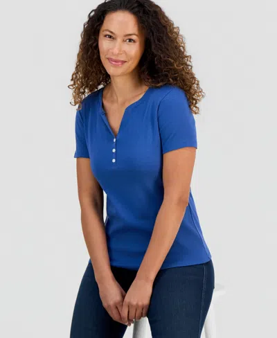 Style & Co Women's Short-sleeve Cotton Henley Top, Exclusively At Macy's In Blue