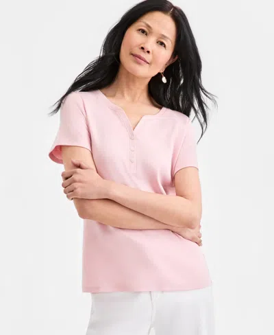 Style & Co Women's Short-sleeve Cotton Henley Top, Exclusively At Macy's In Pink