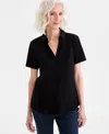 Style & Co Women's Linen Blend Polo Short-sleeve Top, Created For Macy's In Deep Black