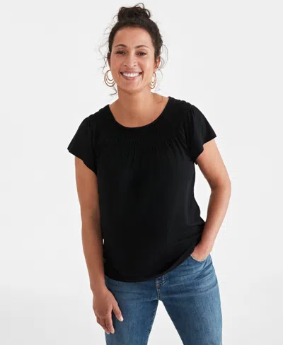 Style & Co Women's Short-sleeve Smocked-neck Knit Top, Created For Macy's In Deep Black