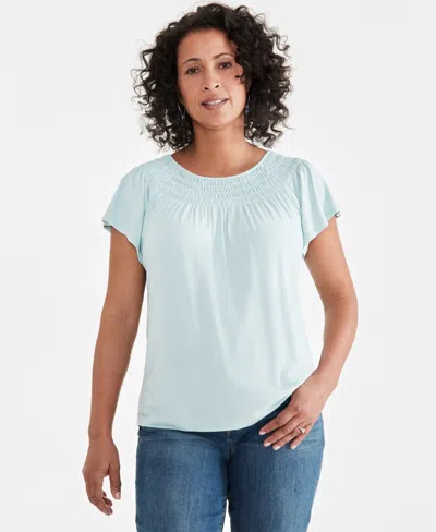 Style & Co Women's Short-sleeve Smocked-neck Knit Top, Created For Macy's In Harbor Gray
