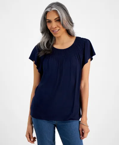 Style & Co Women's Short-sleeve Smocked-neck Knit Top, Created For Macy's In Industrial Blue