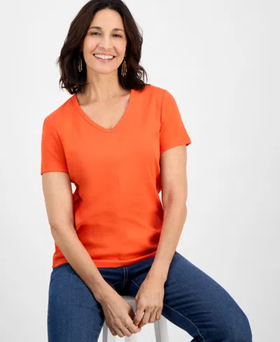 Style & Co Women's Short Sleeve V-neck Cotton Top, Created For Macy's In Orange