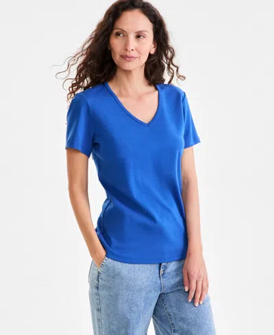 Style & Co Women's Short Sleeve V-neck Cotton Top, Created For Macy's In Blue Echo