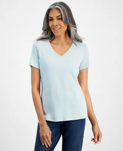 Style & Co Women's Short Sleeve V-neck Cotton Top, Created For Macy's In Harbor Gray