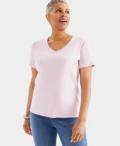 Style & Co Women's Short Sleeve V-neck Cotton Top, Created For Macy's In Lilac Flor