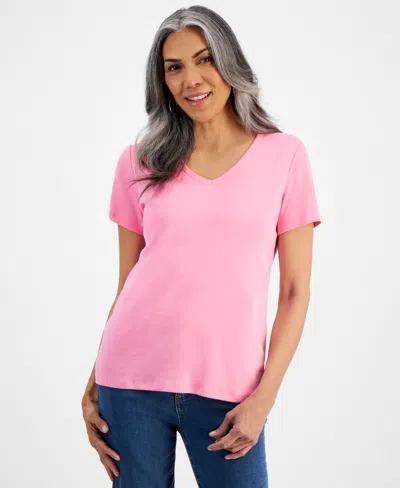 Style & Co Women's Short Sleeve V-neck Cotton Top, Created For Macy's In Pink Stiletto