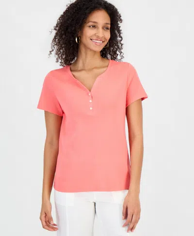 Style & Co Women's Short-sleeve Cotton Henley Top, Exclusively At Macy's In Pink