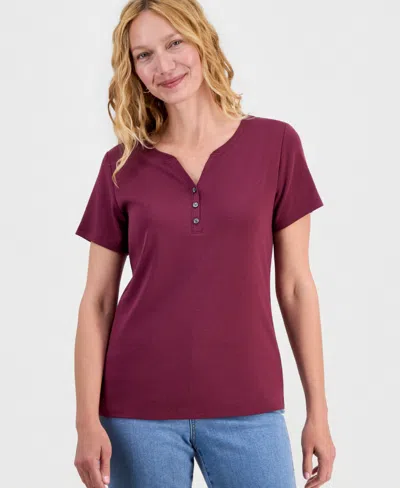 Style & Co Women's Short-sleeve Cotton Henley Top, Exclusively At Macy's In Burgundy
