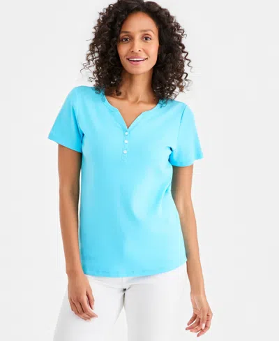 Style & Co Women's Short-sleeve Cotton Henley Top, Exclusively At Macy's In Blue