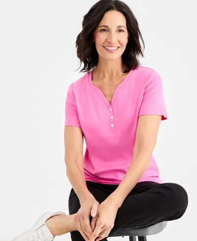 Style & Co Women's Short-sleeve Cotton Henley Top, Exclusively At Macy's In Pink