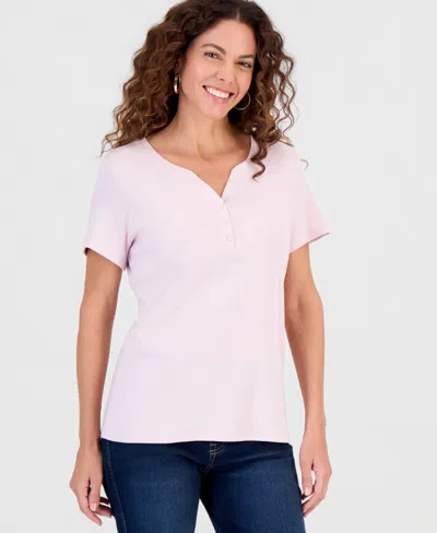 Style & Co Women's Short-sleeve Cotton Henley Top, Exclusively At Macy's In Purple