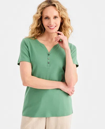 Style & Co Women's Short-sleeve Cotton Henley Top, Exclusively At Macy's In Green