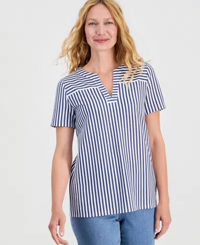 Style & Co Women's Short-sleeve Split-neck Knit Top, Macy's Exclusive In Blue