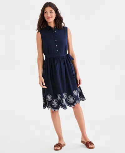 Style & Co Style Co Womens Sleeveless Embroidered Hem Shirtdress Macys Exclusive In Blue