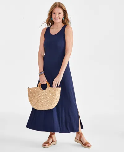 Style & Co Petite Sleeveless Side Slit Knit Maxi Dress, Created For Macy's In Industrial Blue
