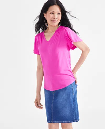 Style & Co Petite Smocked-shoulder V-neck Flutter-sleeve Top, Created For Macy's In Fuchsia Tulip