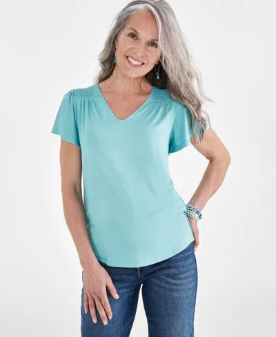 Style & Co Women's Smocked Flutter-sleeve V-neck Knit Top, Created For Macy's In Teal