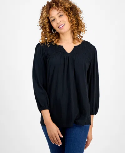 STYLE & CO WOMEN'S SMOCKED KNIT 3/4-SLEEVE TOP, EXCLUSIVELY AT MACY'S