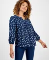 Style & Co Women's Smocked Knit 3/4 Sleeve Top, Exclusively At Macy's In Blue