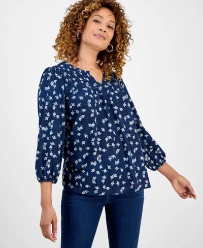 Style & Co Women's Smocked Knit 3/4 Sleeve Top, Exclusively At Macy's In Blue