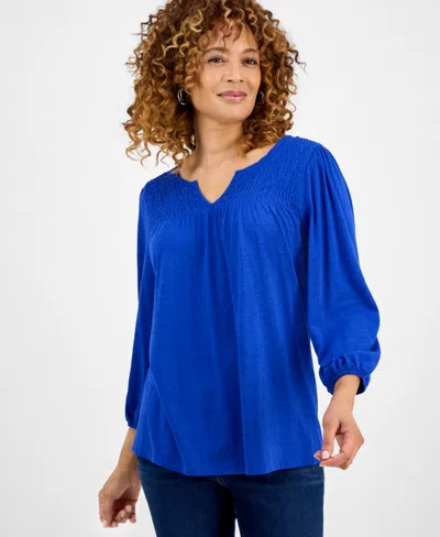 Style & Co Women's Smocked Knit 3/4-sleeve Top, Exclusively At Macy's In Blue