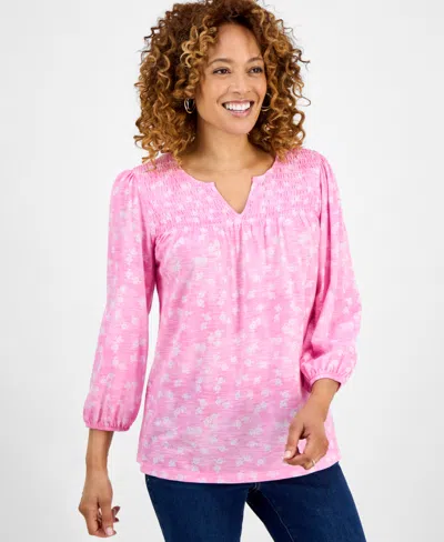 Style & Co Women's Smocked Knit 3/4 Sleeve Top, Exclusively At Macy's In Pink