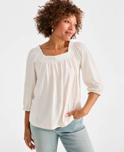 Style & Co Women's Smocked Square-neck Top, Exclusively At Macy's In Whisper White