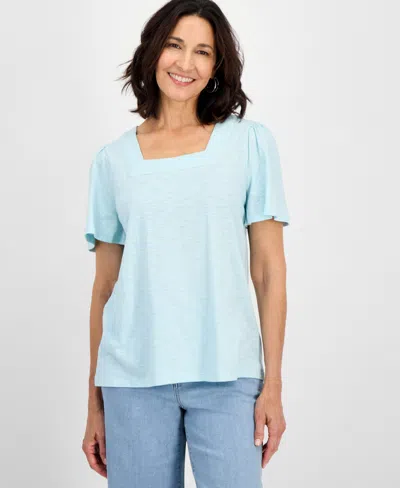 Style & Co Women's Solid Square-neck Flutter-sleeve Top, Exclusively At Macy's In Blue