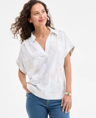 Style & Co Women's Split-neck Collared Embroidered Top, Exclusively At Macy's In Garden White