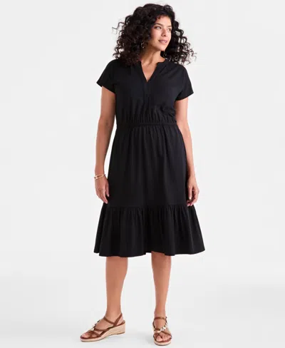 Style & Co Women's Split-neck Elastic-waist Tiered Knit Dress, Exclusively At Macy's In Black