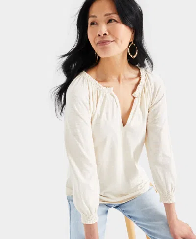 Style & Co Women's Split Neck Ruffle Trim Long-sleeve Knit Top, Created For Macy's In Beige
