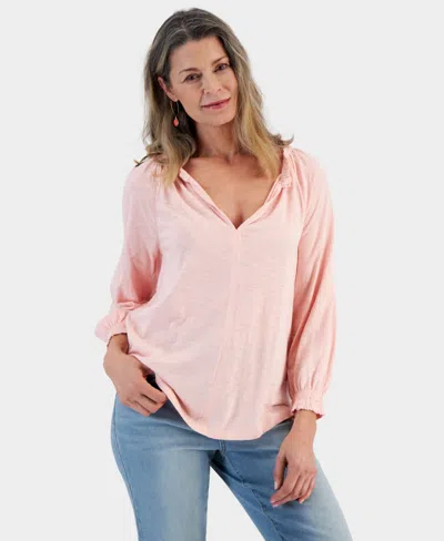 Style & Co Women's Split Neck Ruffle Trim Long-sleeve Knit Top, Created For Macy's In Pink Lining