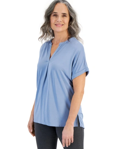 Style & Co Women's Split-neck Short Sleeve Knit Shirt, Created For Macy's In Blue Fog