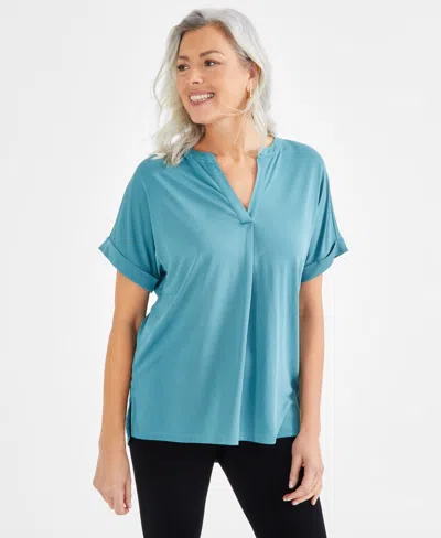 Style & Co Women's Split-neck Short Sleeve Knit Shirt, Created For Macy's In Desert Teal