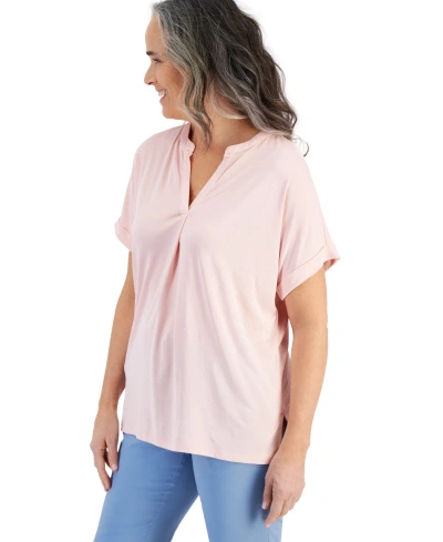 Style & Co Women's Split-neck Short Sleeve Knit Shirt, Created For Macy's In Pink Lining