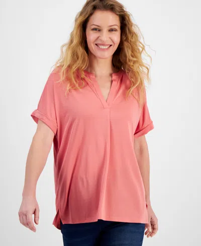 Style & Co Women's Split-neck Short Sleeve Knit Shirt, Created For Macy's In Sea Coral