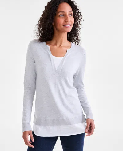 Style & Co Women's Split-neck Two-for-one Sweater, Exclusively Art Macy's In Sky Grey Heather