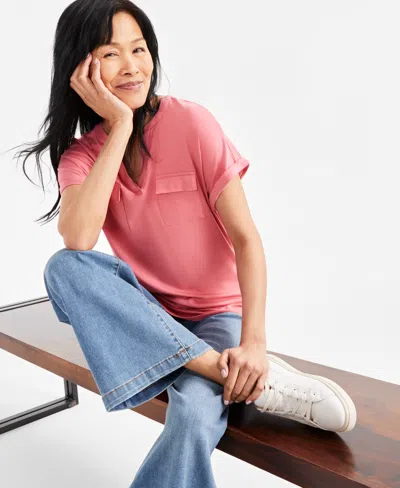 Style & Co Women's Split-neckline Short-sleeve Top, Exclusively At Macy's In Coral Pink