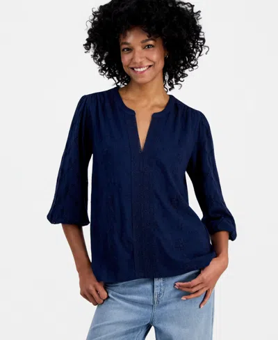Style & Co Women's Split-neck Eyelet-embroidered Top, Exclusively At Macy's In Blue