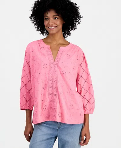 Style & Co Women's Split-neck Eyelet-embroidered Top, Exclusively At Macy's In Pink