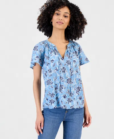 Style & Co Women's Split-neck Flutter-sleeve Top, Macy's Exclusive In Blue