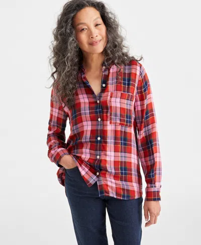 Style & Co Petite Plaid Button-front Perfect Shirt, Created For Macy's In Plaid Pink Rain