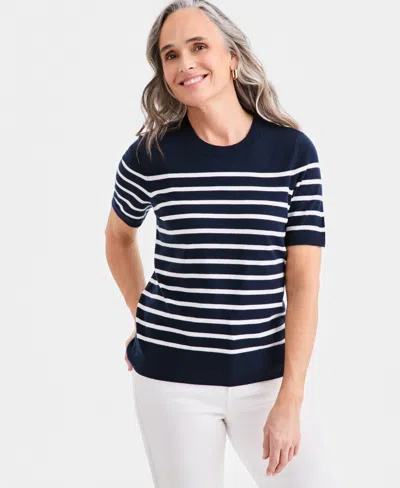 Style & Co Women's Stripe Crewneck Short-sleeve Sweater, Macy's Exclusive In Industrial Blue