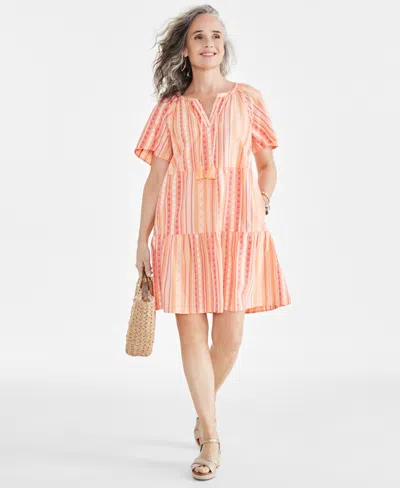 Style & Co Women's Stripe Split-neck Tiered Dress, Created For Macy's In Orange Stripe