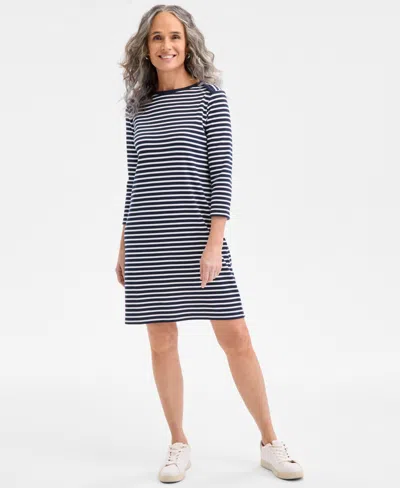Style & Co Women's Striped 3/4-sleeve Boat-neck Dress, Exclusively At Macy's In Stripe Blue