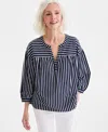 Style & Co Women's Striped 3/4-sleeve Split-neck Top, Exclusively At Macy's In Stripe Blue